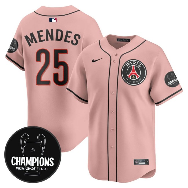 Men's PSG #25 Nuno Mendes Pink 2025 Soccer x Baseball Nike Limited MLB Jersey Champions - All Stitched