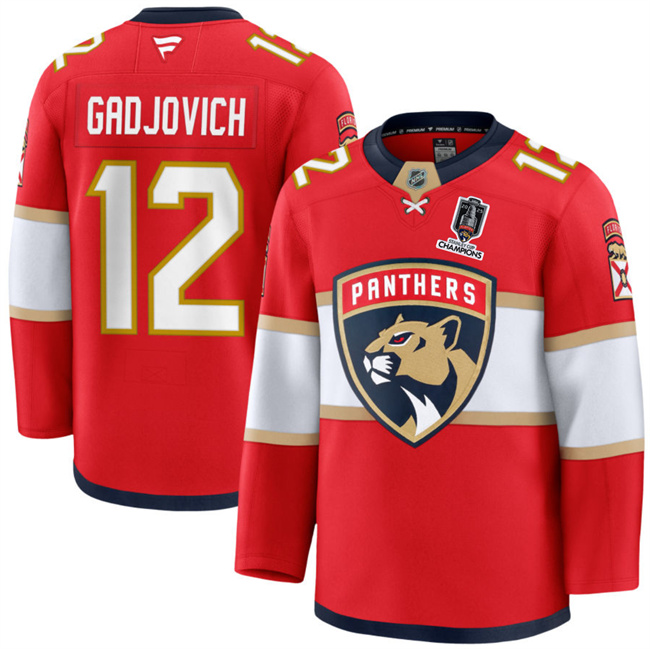 Men's Florida Panthers #12 Jonah Gadjovich Red Home 2025 Stanley Cup Champions Patch Stitched Hockey Jersey