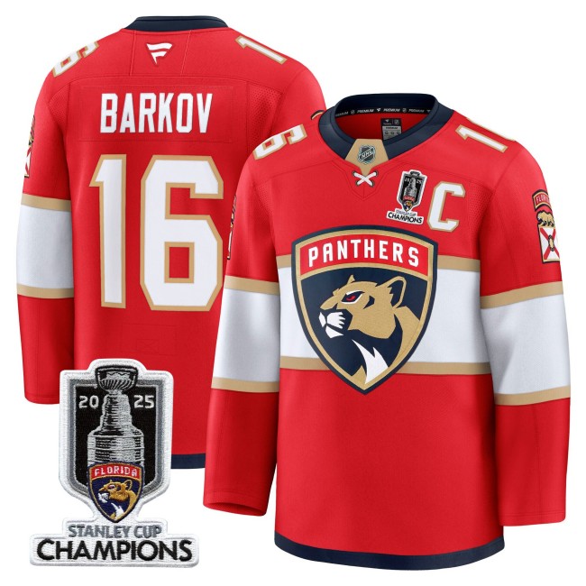 Men's Florida Panthers #16 Aleksander Barkov Red Home 2025 Stanley Cup Champions & C Patch Stitched Hockey Jersey