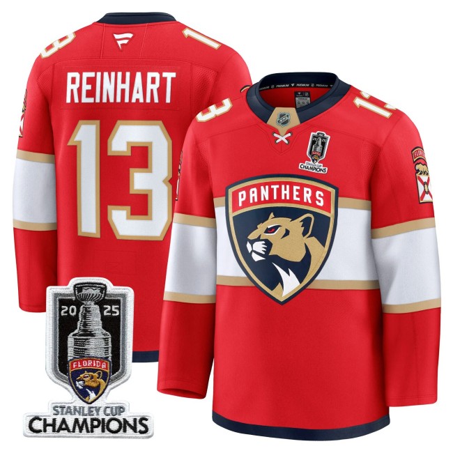 Men's Florida Panthers #13 Sam Reinhart Red Home 2025 Stanley Cup Champions Patch Stitched Hockey Jersey