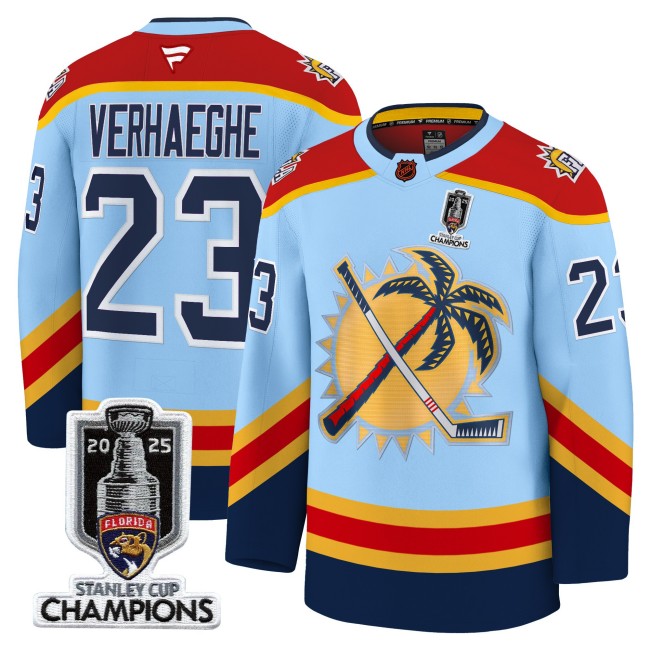 Men's Florida Panthers #23 Carter Verhaeghe Blue 2025 Stanley Cup Champions Patch Stitched Hockey Jersey