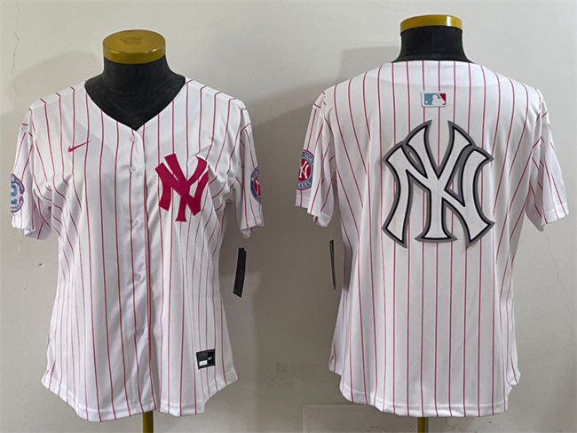 Youth New York Yankees Team Big Logo White Pink Pinstripe Limited Stitched Nike MLB Jersey