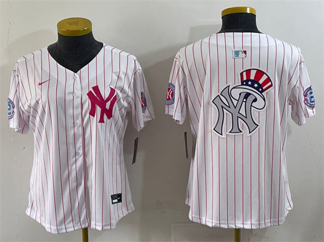Youth New York Yankees Team Big Logo White Pink Pinstripe Limited Stitched JerseyS