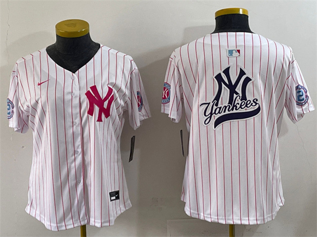 Youth New York Yankees Team Big Logo White Pink Pinstripe Limited Stitched MLB Jersey