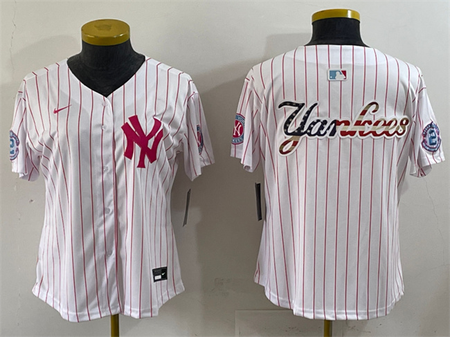 Youth New York Yankees Team Big Logo White Pink Pinstripe Limited Stitched Jersey
