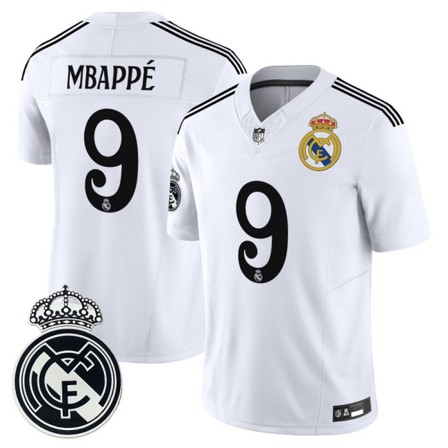 Real Madrid #9 Kylian Mbappe 2025 NFL Vapor Limited Football Jersey White - All stitched