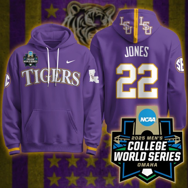 LSU Tigers #22 Jared Jones Nike 2025 Men's College World Series Limited Hoodie Purple - All Stitched