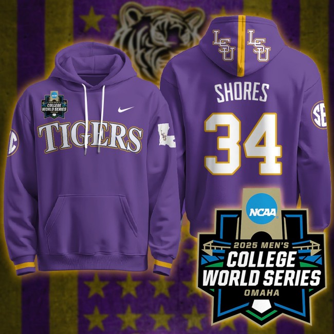 LSU Tigers #34 Chase Shores Nike 2025 Men's College World Series Limited Hoodie Purple - All Stitched