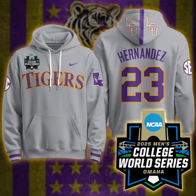 LSU Tigers #23 Luis Hernandez Nike 2025 Men's College World Series Limited Hoodie Grey - All Stitched
