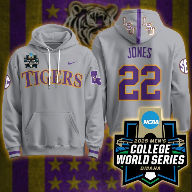 LSU Tigers #22 Jared Jones Nike 2025 Men's College World Series Limited Hoodie Grey - All Stitched