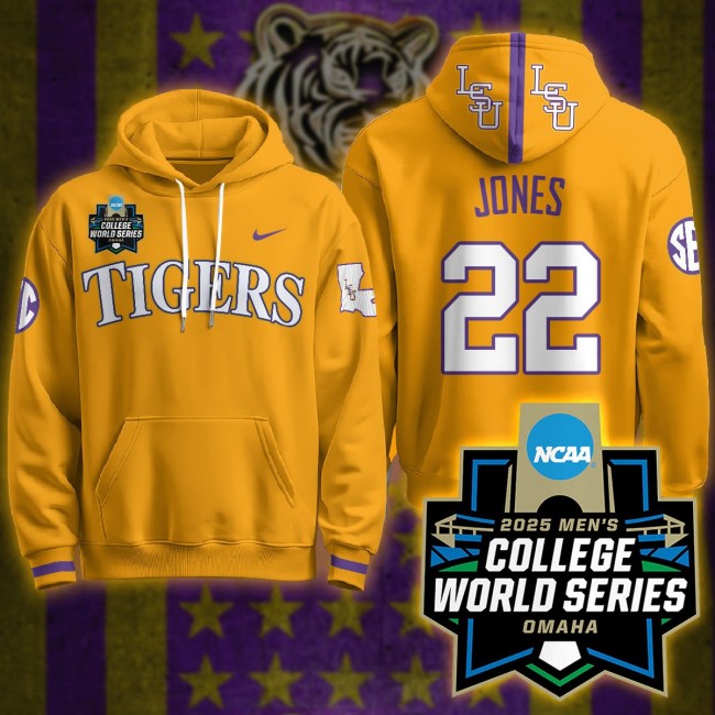 LSU Tigers #22 Jared Jones Nike 2025 Men's College World Series Limited Hoodie Yellow - All Stitched