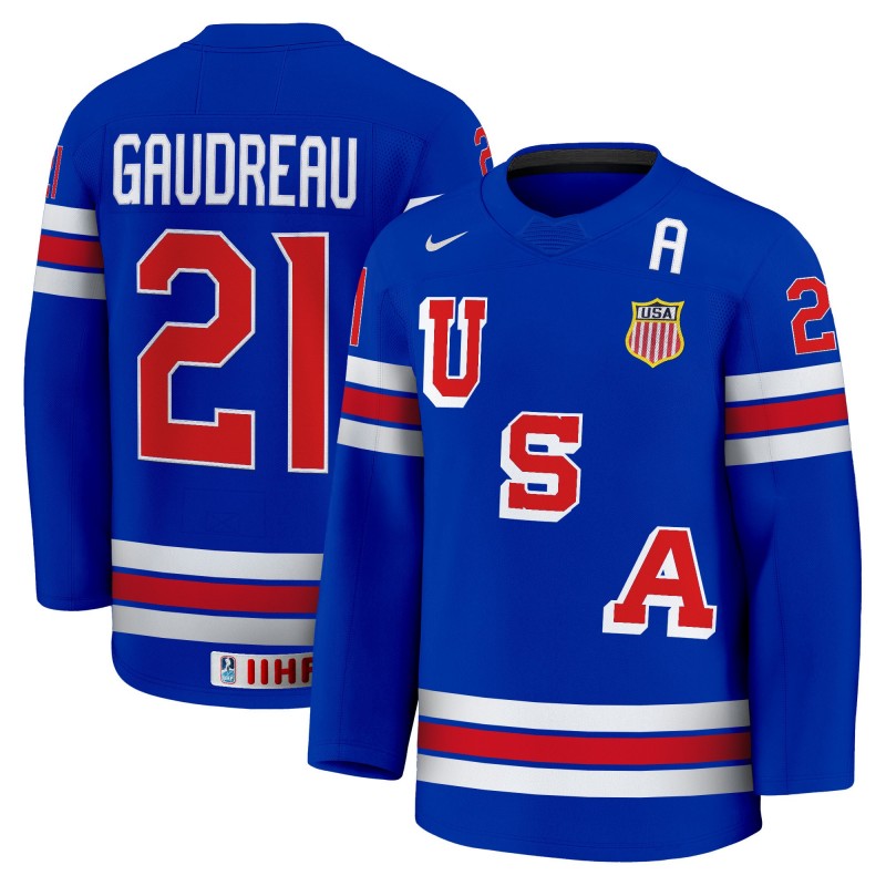 Men's USA Nike Olympic Hockey #21 Matthew Gaudreau Blue 2025 Premium Stitched Jersey
