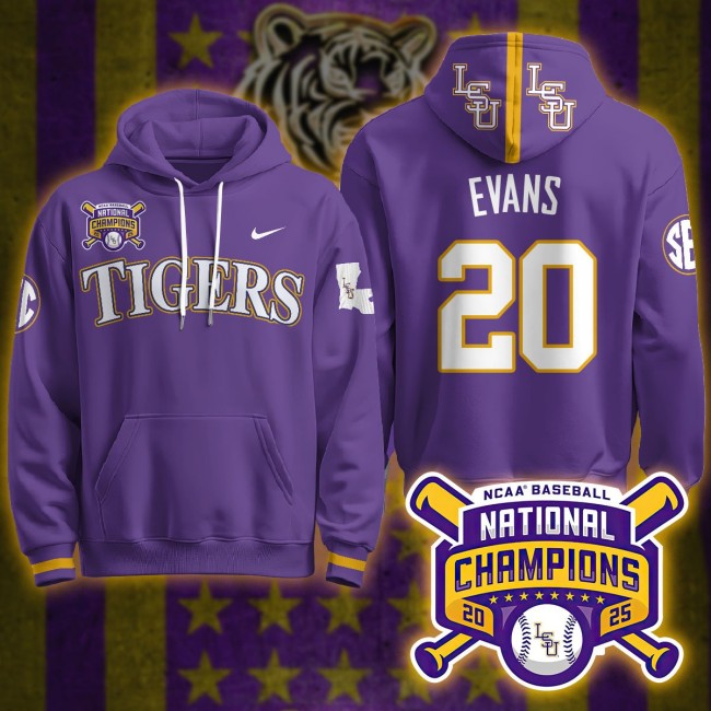 LSU Tigers #20 Casan Evans 2025 World Series Champions Nike Limited Hoodie Purple - All Stitched