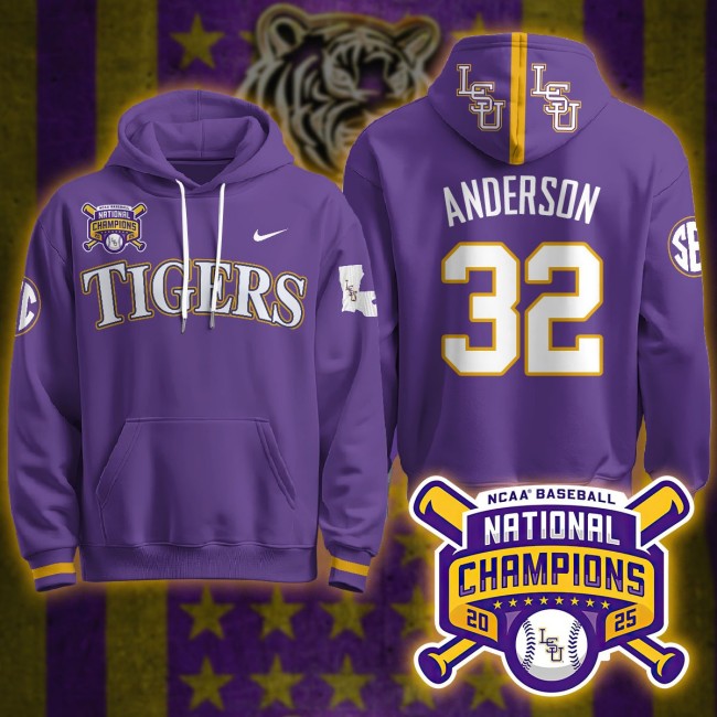 LSU Tigers #32 Kade Anderson 2025 World Series Champions Nike Limited Hoodie Purple - All Stitched