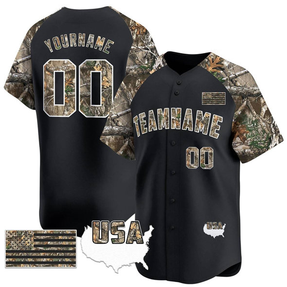 Men's Customized Team Name Black Alternate Camo Tree USA Flag Stitched Baseball Jersey