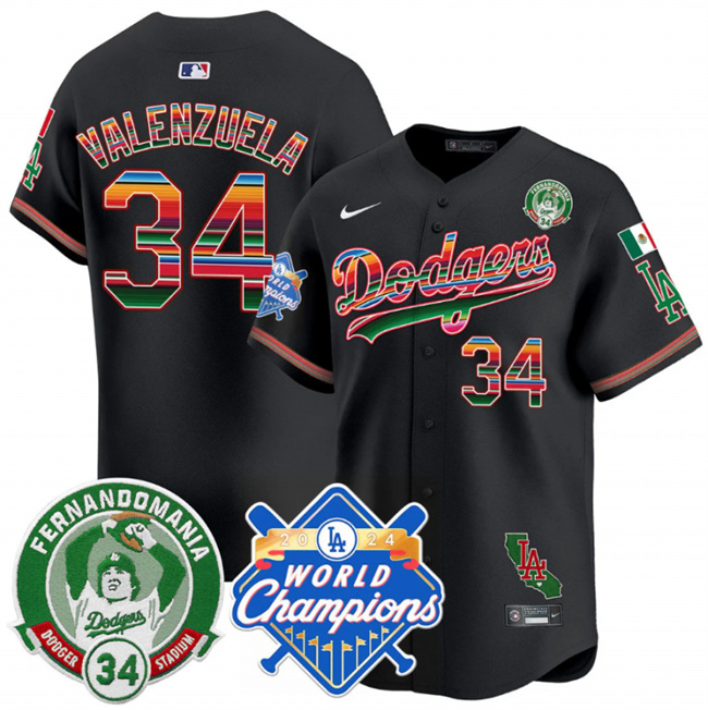 Men's Los Angeles Dodgers Custom Black Mexico Fernando Valenzuela & 2024 World Champions Patch Vapor Premier Limited Stitched Baseball Jersey