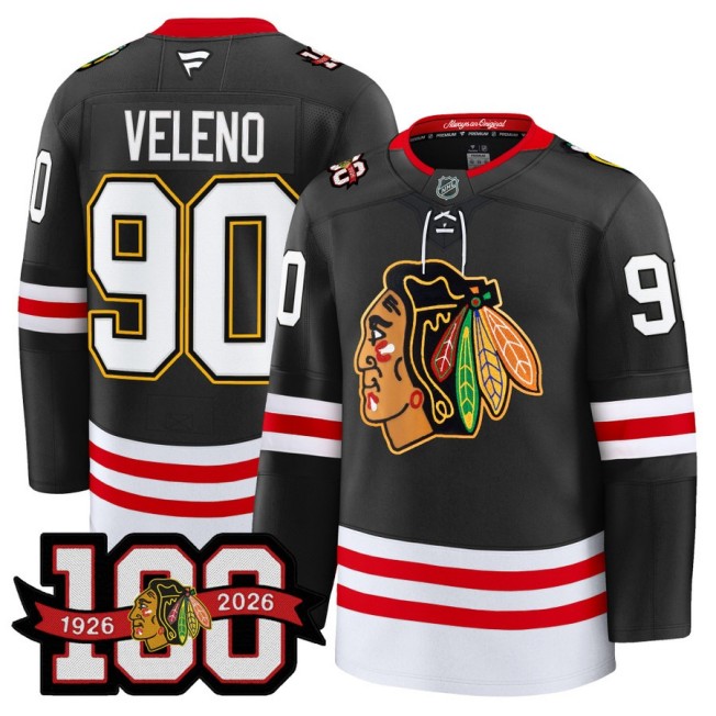Men's Chicago Blackhawks #90 Joe Veleno Black 1926-2026 100th Premium Stitched Hockey Jersey
