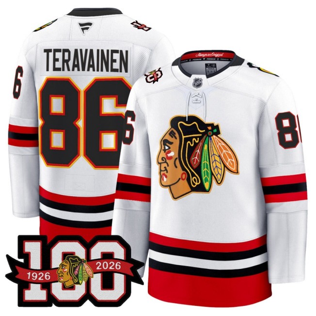 Men's Chicago Blackhawks #86 Teuvo Teravainen White 1926-2026 100th Premium Stitched Hockey Jersey