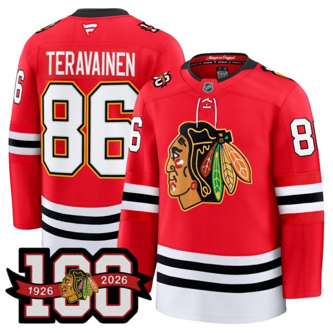 Men's Chicago Blackhawks #86 Teuvo Teravainen Red 1926-2026 100th Premium Stitched Hockey Jersey