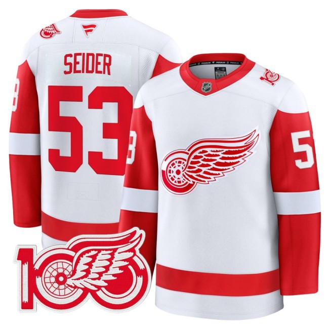 Men's Detroit Red Wings #53 Moritz Seider White 100th Premium Stitched Hockey Jersey