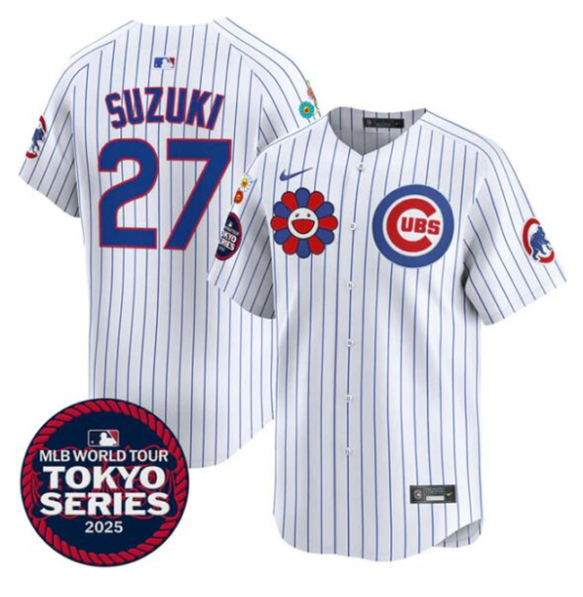Men's Chicago Cubs #27 Seiya Suzuki White 2025 Tokyo Series Limited Stitched Baseball Jersey