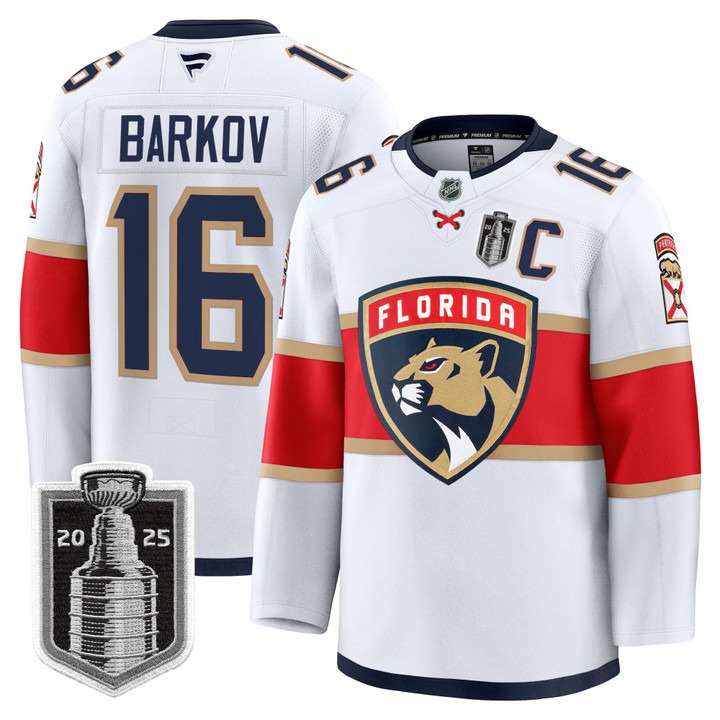 Men's Florida Panthers #16 Aleksander Barkov White 2025 Stanley Cup Final Premium Stitched NHL Hockey Jersey