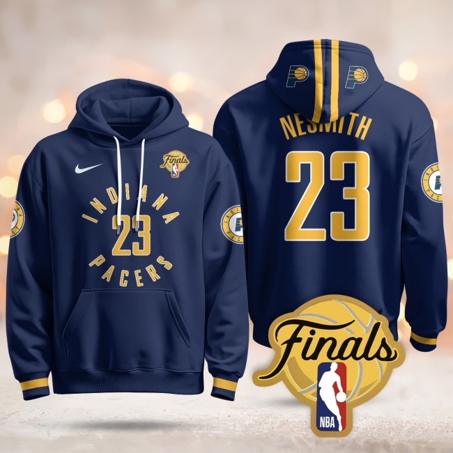 Men's Indiana Pacers #23 Aaron Nesmith Navy Icon 2025 Finals Patch Stitched Hoodie