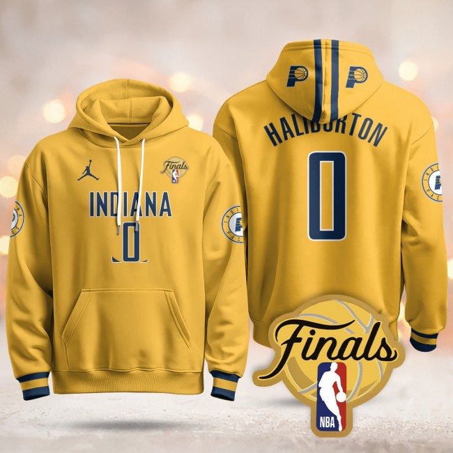 Men's Indiana Pacers #0 Tyrese Haliburton Yellow Statement 2025 Finals Patch Stitched Hoodie