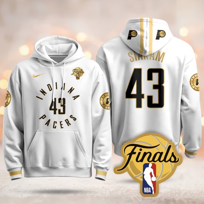 Men's Indiana Pacers #43 Pascal Siakam White Gold 2025 Finals Patch Stitched Hoodie