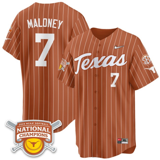 Men's Texas Longhorns #7 Ashton Maloney Orange Pinstripe 2025 NCAA Softball National Champions Limited Stitched Jersey