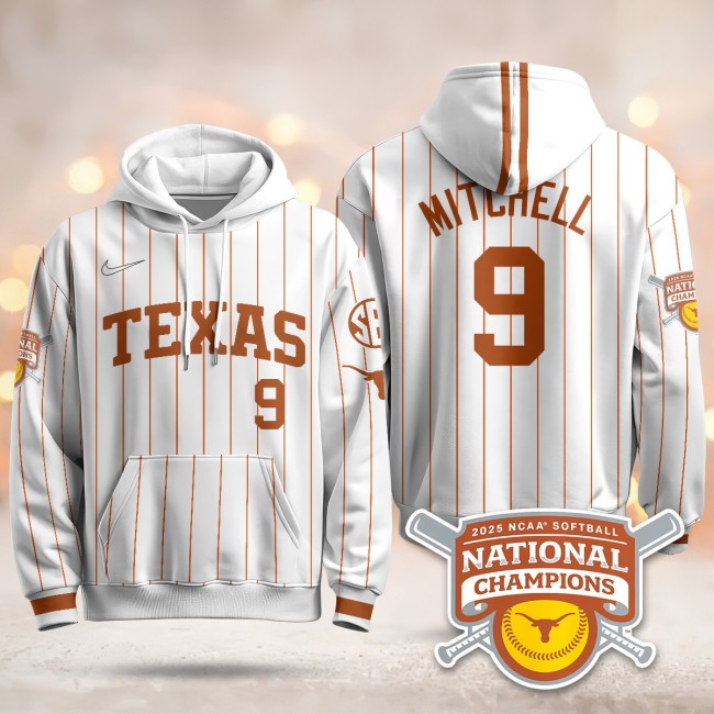 Men's Texas Longhorns #9 Joley Mitchell White Pinstripe 2025 NCAA Softball WCWS Champions Hoodie - All Stitched