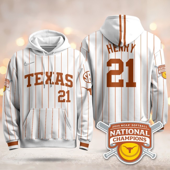 Men's Texas Longhorns #21 Kayden Henry White Pinstripe 2025 NCAA Softball WCWS Champions Hoodie - All Stitched