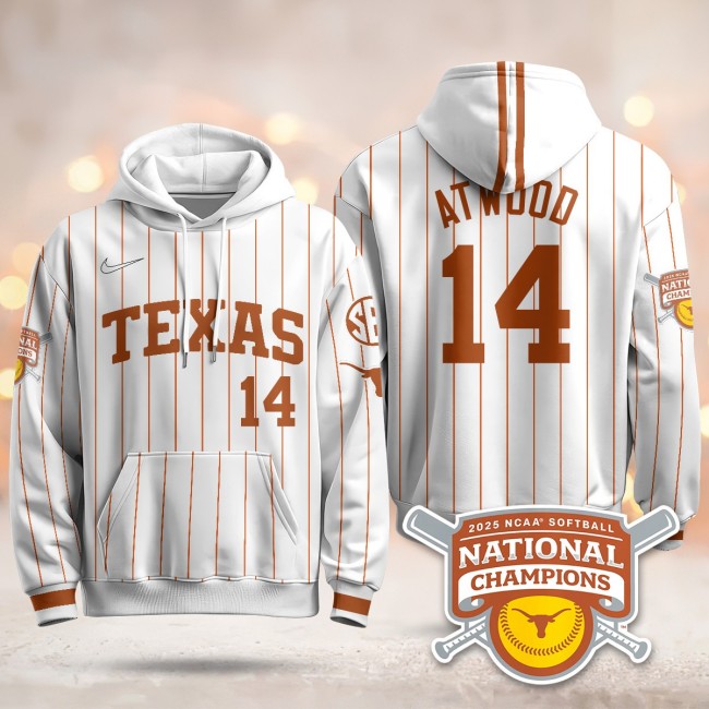 Men's Texas Longhorns #14 Reese Atwood White Pinstripe 2025 NCAA Softball WCWS Champions Hoodie - All Stitched