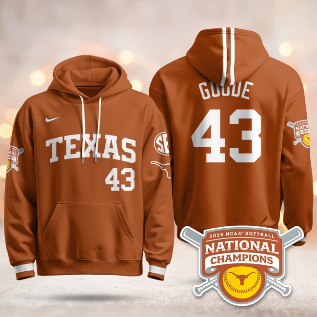 Men's Texas Longhorns #43 Leighann Goode Orange 2025 NCAA Softball WCWS Champions Hoodie - All Stitched