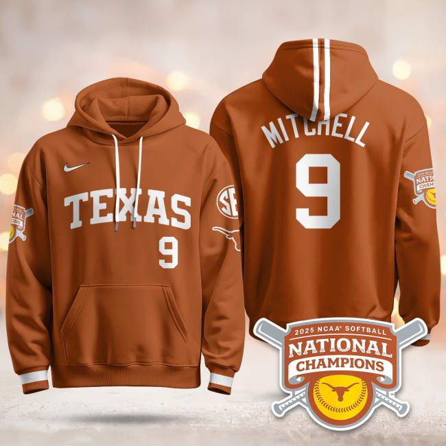 Men's Texas Longhorns #9 Joley Mitchell Orange 2025 NCAA Softball WCWS Champions Hoodie - All Stitched