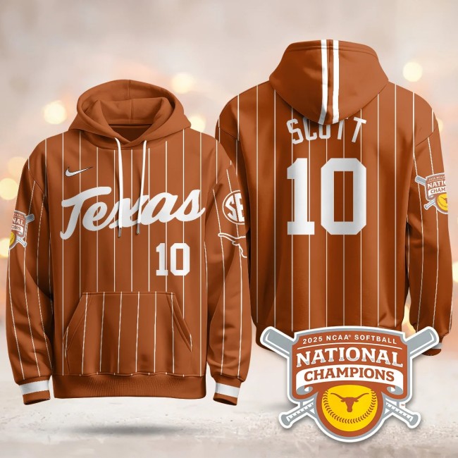 Men's Texas Longhorns #10 Mia Scott Orange Pinstripe 2025 NCAA Softball WCWS Champions Hoodie - All Stitched