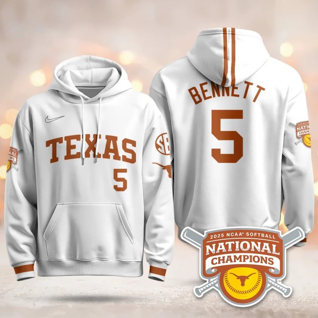 Men's Texas Longhorns #5 Kaydee Bennett White 2025 NCAA Softball WCWS Champions Hoodie - All Stitched