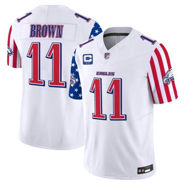 Men's Philadelphia Eagles #11 A.J. Brown White 2025 Independence Day C Patch F.U.S.E. Vapor Limited Jersey - All Stitched