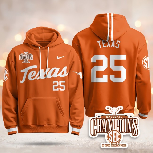 Men's Texas Baseball #25 TEXAS Nike 2025 SEC Champions Hoodie Orange V2 - All Stitched
