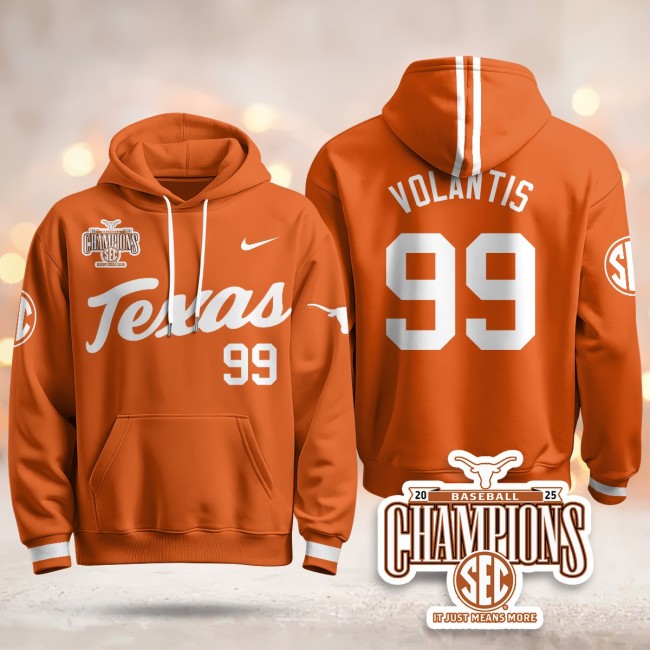 Men's Texas Baseball #99 Volantis Nike 2025 SEC Champions Hoodie Orange V2 - All Stitched