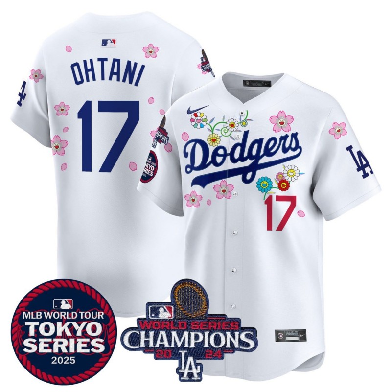 Men's Dodgers #17 Shohei Ohtani White 2025 Tokyo Series with 2024 World Series Champions Limited Stitched Baseball Jersey