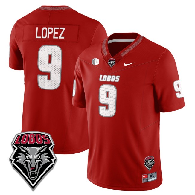 Men's New Mexico Lobos #9 Gabriel Lopez Home Red 2025 Nike Limited UNM Football Jersey