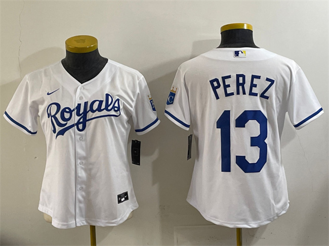 Women's Kansas City Royals #13 Salvador Perez White Cool Base Stitched Jersey(Run Small)