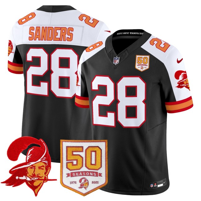 Men's Nike Tampa Bay Buccaneers #28 Shilo Sanders Black White Limited 50th Anniversary Patch NFL Jersey