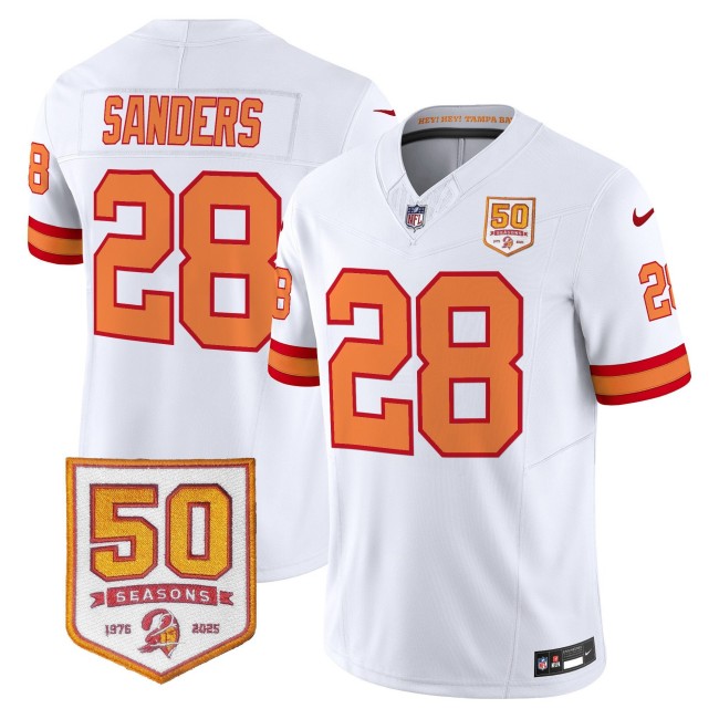 Men's Nike Tampa Bay Buccaneers #28 Shilo Sanders White Limited 50th Anniversary Patch NFL Jersey
