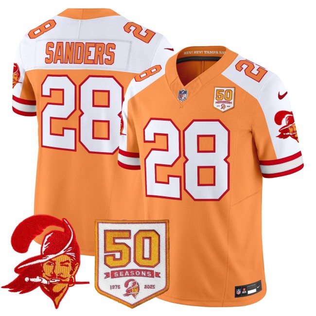 Men's Nike Tampa Bay Buccaneers #28 Shilo Sanders Creamsicle White Limited 50th Anniversary Patch NFL Jersey