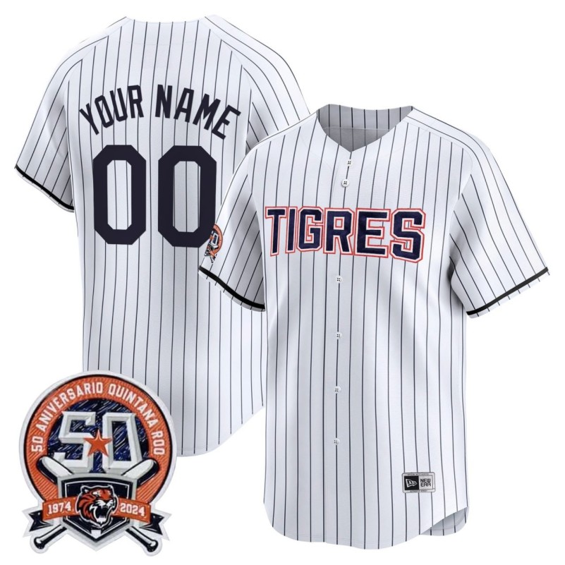 Quintana Roo Tigers Custom White New Era Mexico LMB Stitched Baseball Jersey - 50th Patch