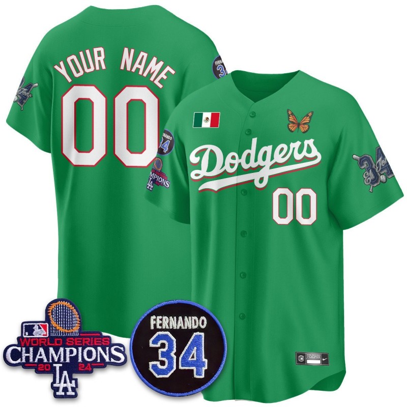 Nike Los Angeles Dodgers Custom 'Mexican For 34' Stitched Baseball Jersey - Green 2024 WSC Patch
