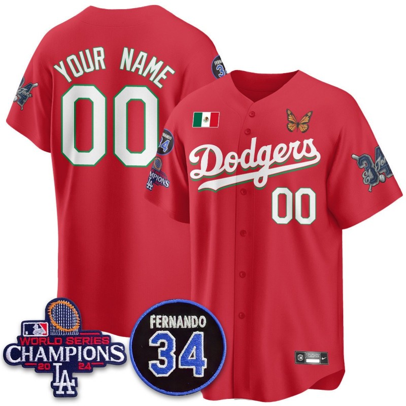 Nike Los Angeles Dodgers Custom 'Mexican For 34' Stitched Baseball Jersey - Red 2024 WSC Patch