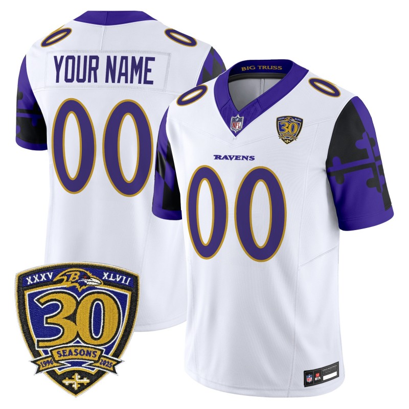 Nike Baltimore Ravens Custom 'Maryland Flag Edition' Vapor Limited Stitched Jersey - White - 30th Anniversary Patch